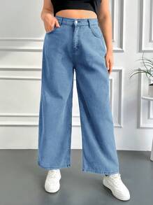 EURMUSE Plus Pocket Detail Wide Leg Jeans - Blue - View 4