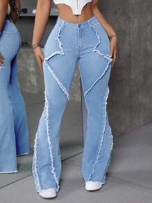 SHEIN ICON Patchwork Frayed Trim Slim Fit Flared Jeans - Light Wash - View 5