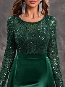 YISIKADO Váy dạ hội dài tay cổ tròn bằng vải satin sequin tương phản dành cho nữ, váy maxi thanh lịch, kín đáo, dành cho khách dự tiệc cưới, tiệc tốt nghiệp, tiệc tối - Màu xanh lá cây đậm - Xem 5