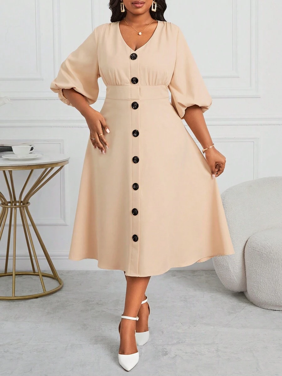 SHEIN Lady Plus Size Nữ Kinh Doanh Chuyên Nghiệp Kaki Cài Nút Tay Đèn Lồng Mở Nút Túi Chữ A Váy dài vừa vặn Váy giáo viên Váy mùa thu Trang phục đi chơi Áo cài nút - Màu Khaki - Xem 1