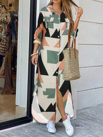 Women's Long Chain Print Shirt Dress, Long Sleeve Loose Casual Button-Down Dress With Collar