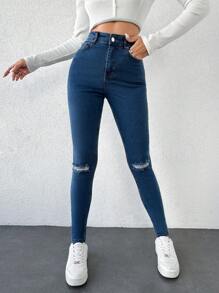 EURMUSE Calças Jeans Femininas Rasgadas No Joelho De Corte Justo - Baby Azul - Ver 3