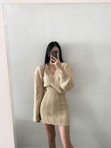 SHEIN Unity Pull en tricot à mailles gaufrées élastique ajusté pour femme à col en V, 2 pièces/ensemble