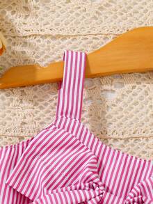 Conjunto de 2 piezas de niñas bebé con tops sin mangas lindos y elegantes con lazos y pantaloncillos cortos con volantes, adecuado para fiestas de verano - Rosa Fucsia - Ver 5