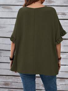 EMERY ROSE Plus Size Women's Vacation Casual Dark Green Mom Blouse With Ruffled Sleeves For Summer - Army Green - View 2