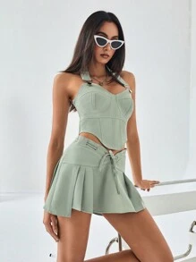 Aveloria Affinna Pure Temptation Sexy Girl Design Cold-Shoulder Cargo Short Top With V-Neckline And Waist Tie Detail, And Pleated Skirt Set For Women