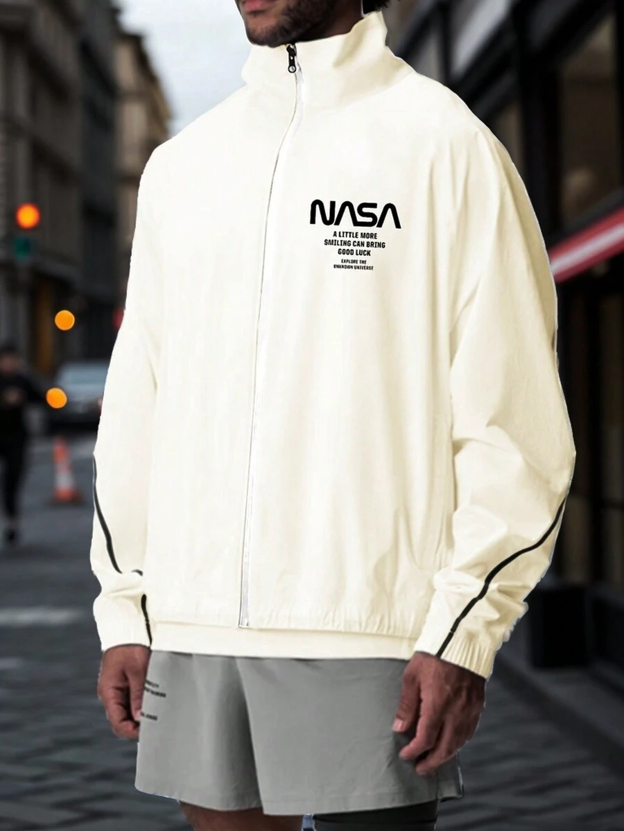 Manfinity Sport Corelite 男友风男士字母图案撞色滚边拉链运动夹克夹克 Mennasa 连帽衫篮球夹克白色夹克男士运动夹克 - 白色 - 查看 1