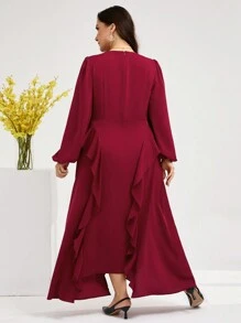 Modelyn Burgundy Red Plus Size Women's Plain Simple Daily Wear Arabesque Style Long Sleeve Blouse With Ruffle Hem Long Evening Dresses - Burgundy - View 2