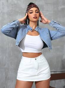 SHEIN EZwear Solid Color Zipper Closure Casual Long Sleeve Denim Jacket - Light Wash - View 6