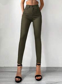 SHEIN Cottnline Solid Cropped Skinny Jeans - Dark Green - View 5