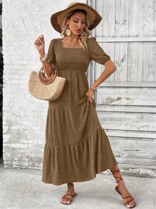 Breezaya Vestido Longo com Decote Quadrado, Manga Bufante e Bainha com Babados - Caramelo - Visão 6