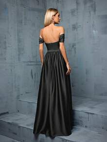 Asymmetrical Crossed & Pleated Satin Dress With Off Shoulder - Black - View 2