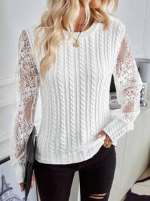 SHEIN LUNE Jersey de ochos unicolor con mangas de encaje para mujer para usar diariamente