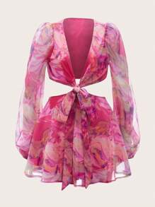 SHEIN PETITE 燈籠袖V領綁結開襠腰部花卉印花夏季沙灘女士雪紡紅色連體褲 - 粉色 - 查看 1