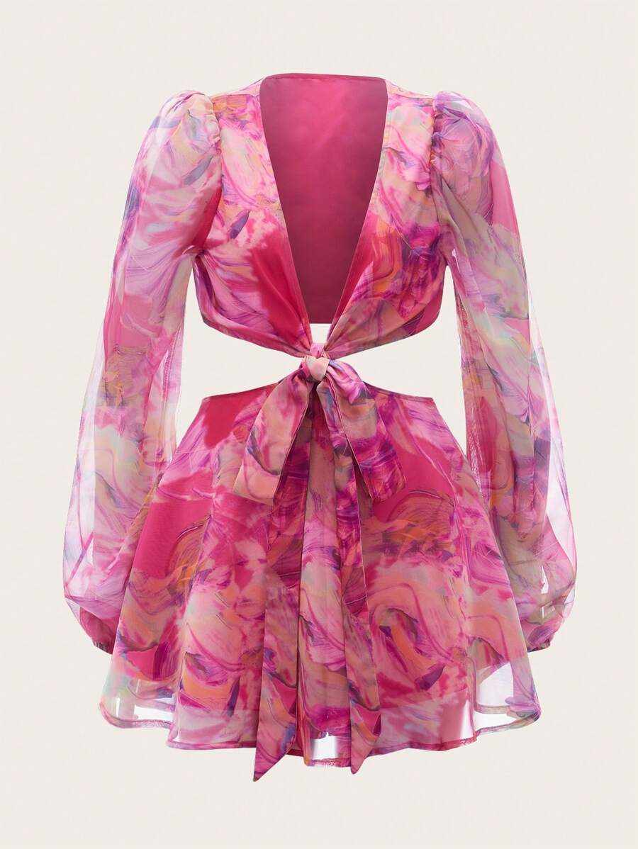 SHEIN PETITE 燈籠袖V領綁結開襠腰部花卉印花夏季沙灘女士雪紡紅色連體褲 - 粉色 - 查看 1