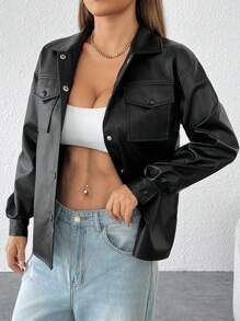 SHEIN PETITE Women's Spring Fashion Faux Leather Shacket Jacket Flap Pocket Drop Shoulder Button Down Blouses Long Sleeve Shirts In Fall/Winter - Black - View 7