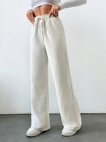 EURMUSE Paperbag Waist Drawstring Front Wide Leg Pants - Apricot - View 5