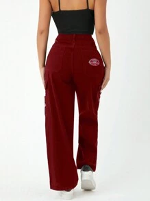 SHEIN PETITE Women's Letter Patchwork Cargo Denim Pants - Burgundy - View 2