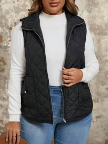 SHEIN VCAY Plus Zip Up Quilted Vest Coat , Black - Black - View 3