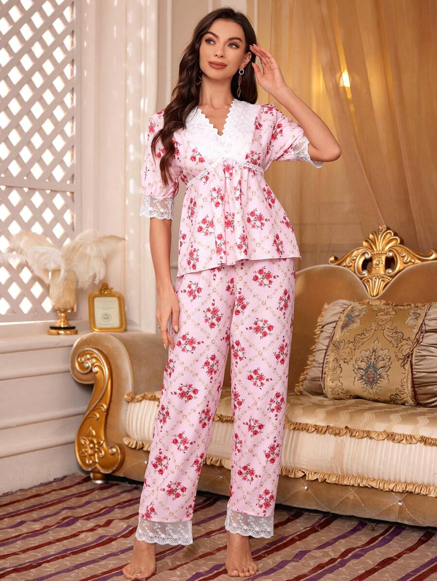 PalaceNights Women's Floral Printed Short Sleeve Long Pants Pajama Set