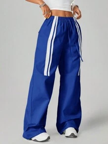 SHEIN EZwear Women's Streetwear Back To School Contrast Color Striped Low-Waist Bright-Color Pink Long Pants, Spring Summer - Royal Blue - View 4