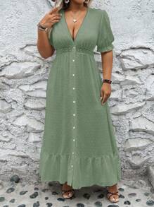 Breezaya Plus Swiss Dot Puff Sleeve Ruffle Hem Dress - Green - View 3