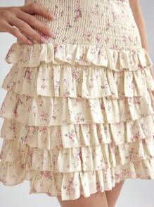 Enchnt Women's Deep Shirred Puff Sleeve Floral Waist Tie Shirred Lace Dress - Apricot - View 5