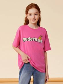 Gudetama X SHEIN Tween Girls' Cartoon Printed Pink Casual Short Sleeve T-Shirt, Cute And Lively