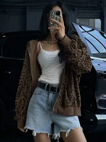 DAZY 豹纹落肩拉链连帽衫，长袖上衣运动衫夹克 - 棕色 - 查看 3