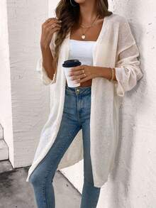 SHEIN LUNE 女士純色簡約日常長袖開衫 - 杏色 - 查看 3