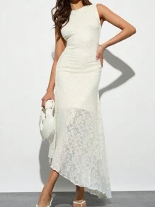 Forever 21 Mùa hè Midi Vàng nhạt cho nữ Thanh lịch Thường ngày Dài Bodycon Không tay Dáng chữ A Đầm cổ điển Thời trang - Màu be - Xem 6