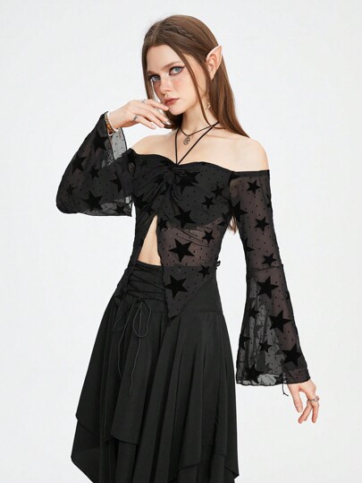 ROMWE Avant ملابس علوية شبكية من الكتف العاري بطبعة نجمية وأكمام منسدلة مع شق في الحاشية