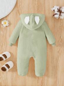SHEIN Leap Crew Newborn Baby Cute Solid Color Loose Hooded Footed Romper, Home Outfit - Green - View 2