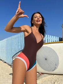 Swim SPRTY Colorblock Criss Cross One Piece Swimsuit Summer - Multicolor - View 3