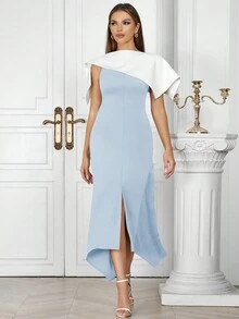 Elegant Simple Blue And White Patchwork Asymmetrical Waist Tuxedo Dress Women - Baby Blue - View 4