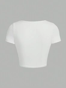 SHEIN ICON Áo thun tay ngắn bó sát có đệm ren tam giác cỡ lớn (2 trong 1) - trắng - Xem 2