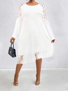 SHEIN LUNE Plus Size Elegant Round Neck Long Sleeve Dress With Hollow Shoulders, Tassel Hem And Fashionable Design Maxi Women Outfit - White - View 3
