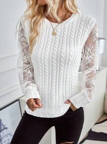 SHEIN LUNE Jersey de ochos unicolor con mangas de encaje para mujer para usar diariamente