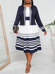 SHEIN Lady Conjunto de dos piezas con chaqueta corta de cárdigan a rayas de bloque de color y vestido plisado A-line, sin mangas, cintura ceñida, vestidos de mujer blancos, conjuntos de dos piezas de mujer, atuendos de mujer para salir, atuendos para las cuatro estaciones - Azul y blanco - Ver 7