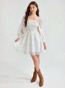 Enchnt Women's White Cute Summer Holiday Solid Color Simple Daily Lace Decorated Embroidery Lace Romantic Dress - White - View 5