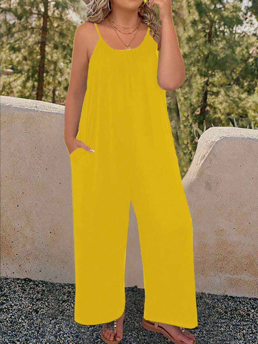 SHEIN LUNE Bộ áo liền quần màu trơn cỡ lớn có túi, áo ba lỗ mùa hè không tay - Màu vàng - Xem 1