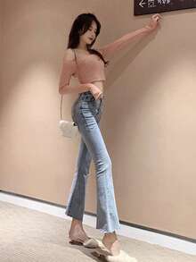 Washed Raw Hem Flare Leg Jeans Casual Spring Fall - Light Wash - View 3