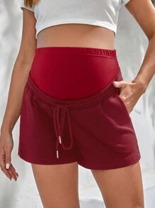 SHEIN Maternity Drawstring Waist Shorts For Summer - Burgundy - View 1