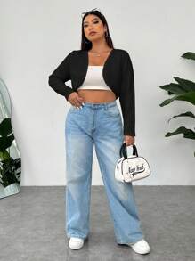 SHEIN EZwear Plus Solid Open Front Crop Jacket For Dailywear Winter Fall Autumn - Black - View 3