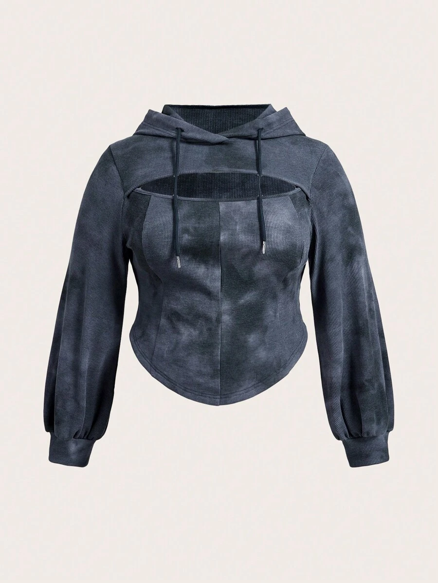 SHEIN EZwear 大尺碼女式連帽衫，雙色綁染窩夫紋理，適用於春季和秋季