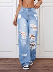 SHEIN ICON Fashionable Wide Leg Distressed Washed Jeans - Light Wash - View 6
