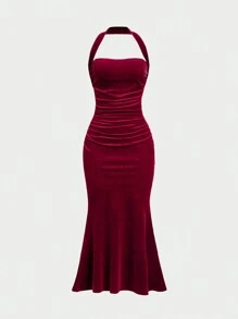 SHEIN MOOSTA Vestido de terciopelo sencillo diario de unicolor para mujer de talla grande - Burdeos - Ver 1