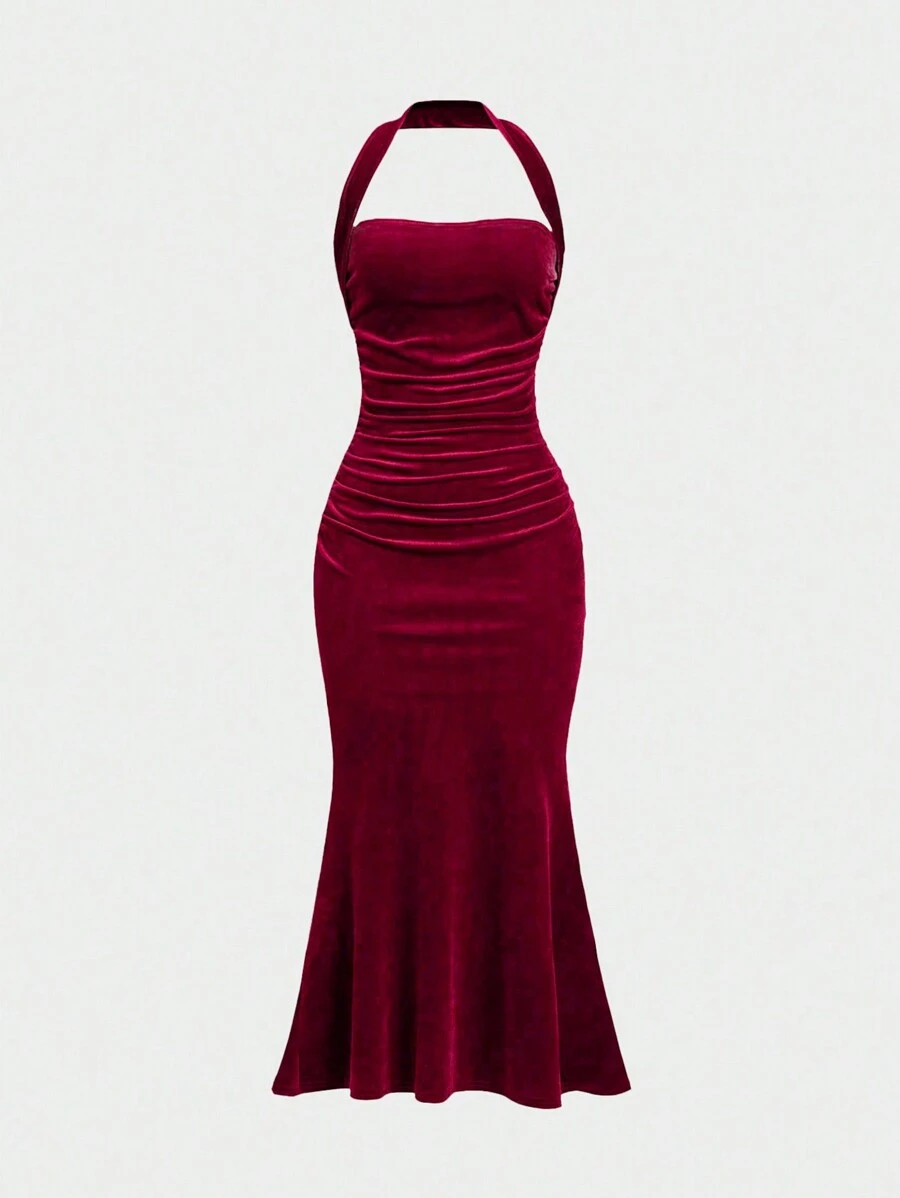 SHEIN MOOSTA Vestido de terciopelo sencillo diario de unicolor para mujer de talla grande - Burdeos - Ver 1