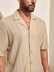 Genlund Camisa casual sólida de manga corta con textura para hombre, ideal para vacaciones - Amarillo - Ver 6