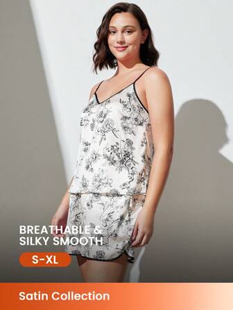 LUVLETTE Satinblumen-Trägerhemd & Shorts Damen Schlafanzug Set Lingerie als Oberbekleidung